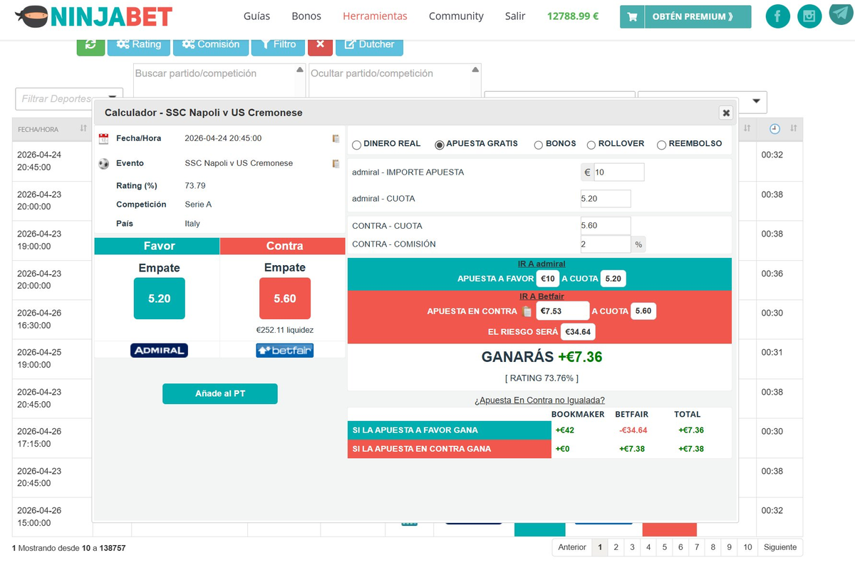 Calculadora de apuesta gratis mostrando beneficio de +7,36€ en partido Napoli vs Cremonese